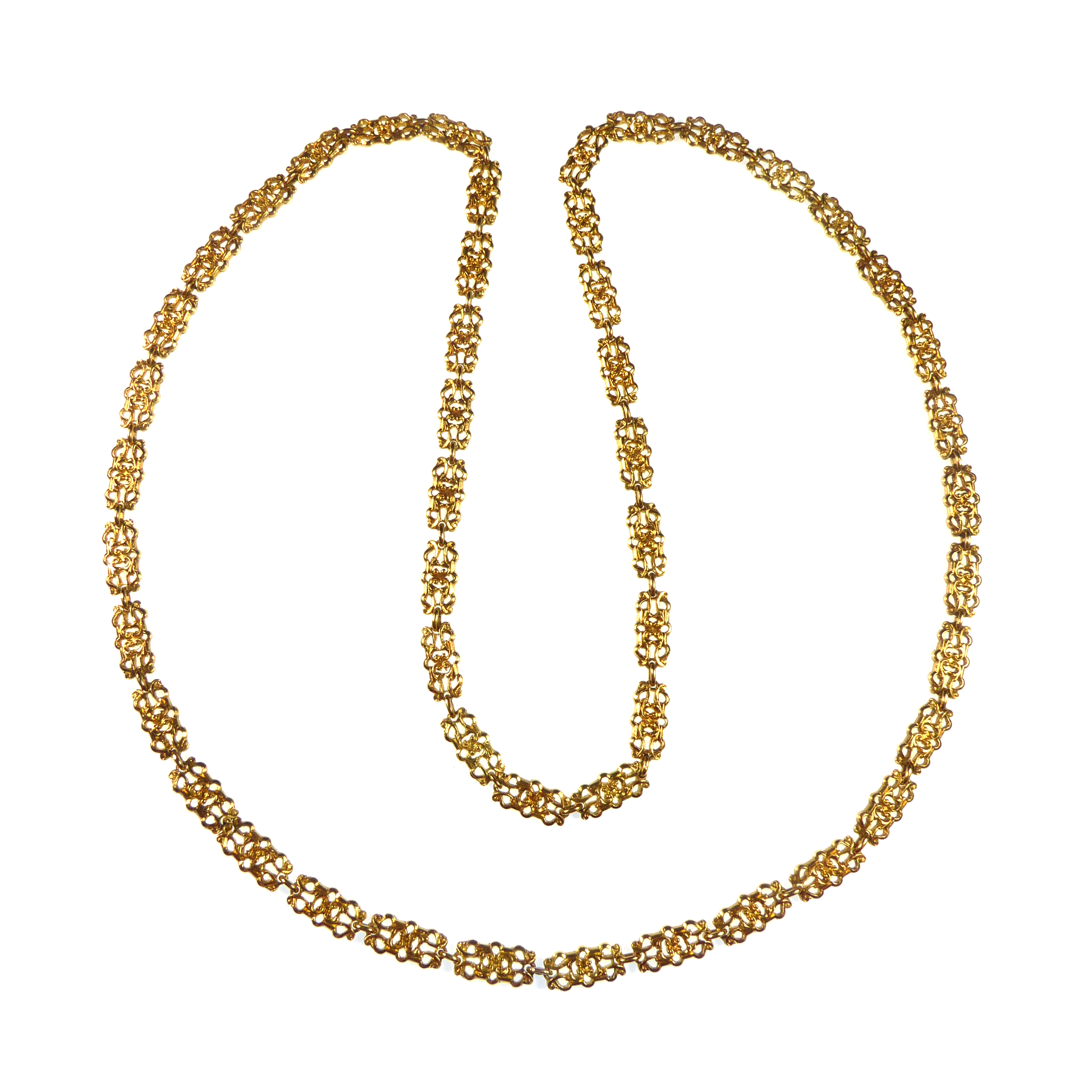 19th century 18ct gold pierced oblong panel link chain necklace, c.1890, the shaped outline with foliate double C scroll motifs within, apparently unmarked